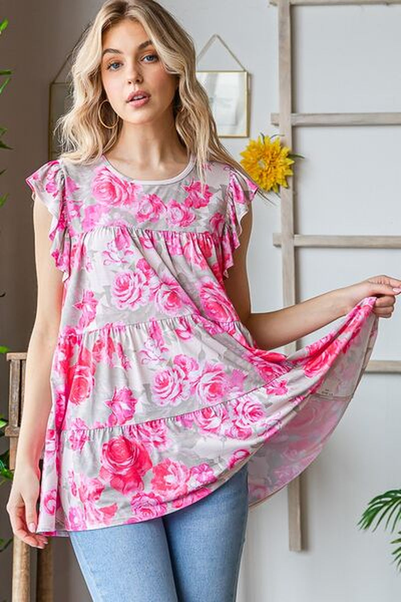 Heimish Full Size Butterfly Sleeve round Neck Floral Tiered Top plus Size
