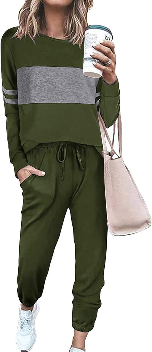 Women'S Color Block 2 Piece Tracksuit Crewneck Long Sleeve Tops Long Sweatpants Outfits Lounge Sets