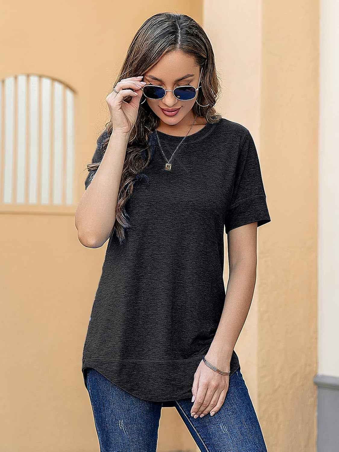 Womens T Shirts Summer Tops: Women Short Sleeve Shirt Black Casual Cotton Tunic Top Crew Neck Tees Size S-2XL