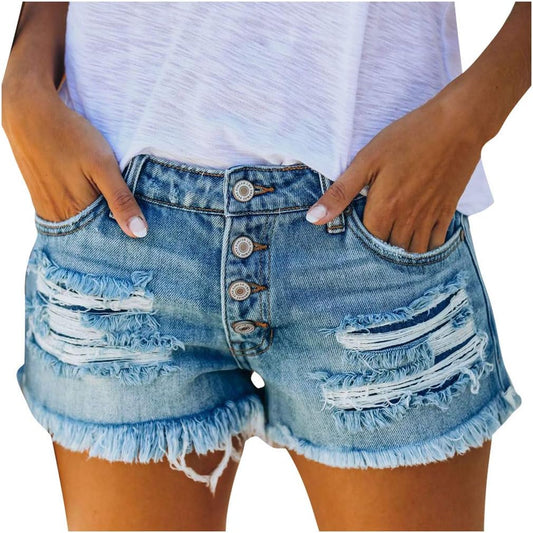Stylish and Comfortable Women's Distressed Denim Shorts with Ripped Details and Pockets - Your Perfect Summer Essential!
