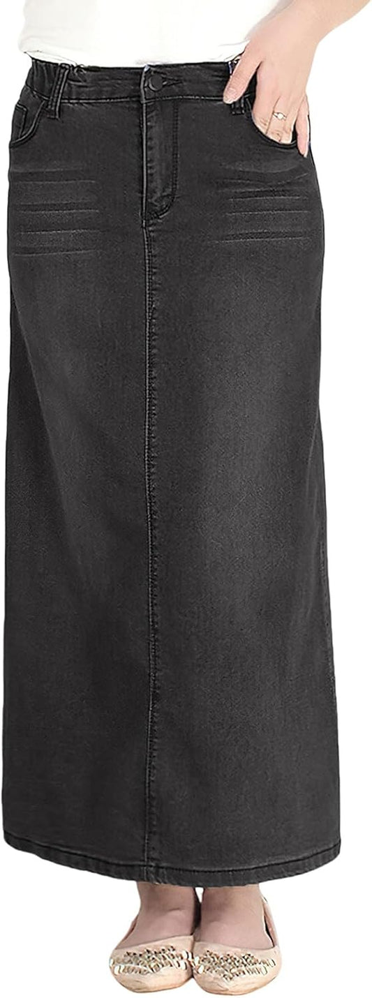 Long Denim Skirts for Women High Waist a Line Jean Maxi Skirt with Pockets