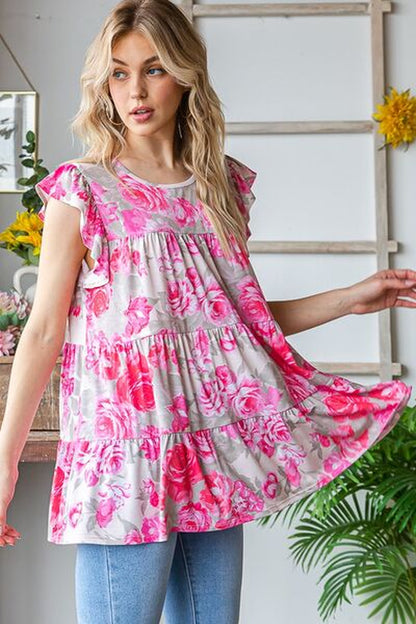 Heimish Full Size Butterfly Sleeve round Neck Floral Tiered Top plus Size